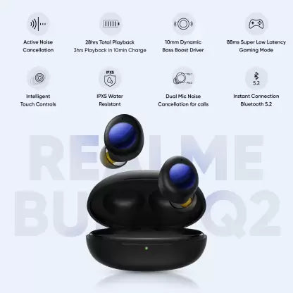 realme Buds Q2 with Active Noise Cancellation Bluetooth Headset (Black, In the Ear) realme Buds Q2 with Active Noise Cancellation Bluetooth Headset (Black, In the Ear)
